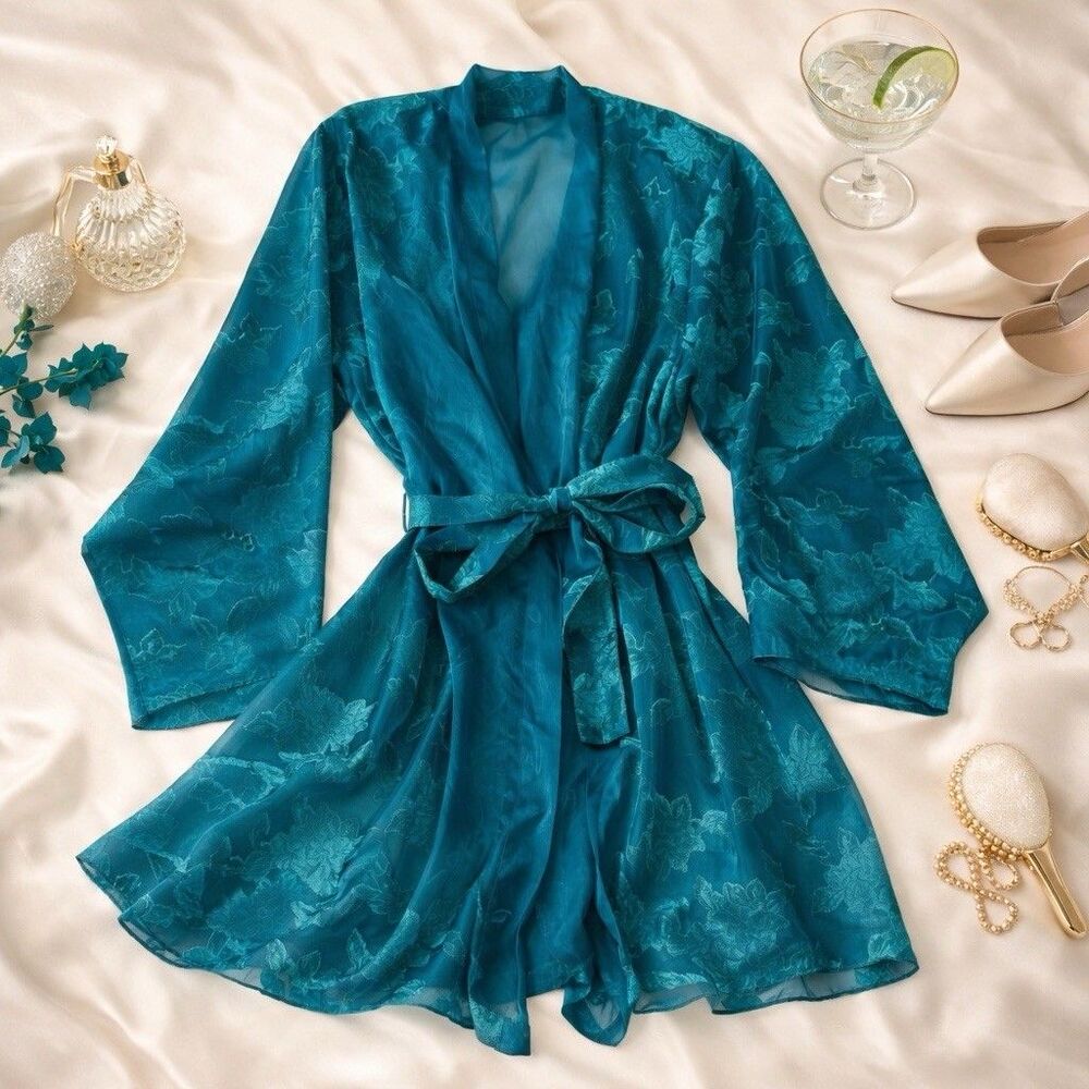 Vintage Victoria Secret Gold Label Sheer Robe Teal Floral Tie Belt L